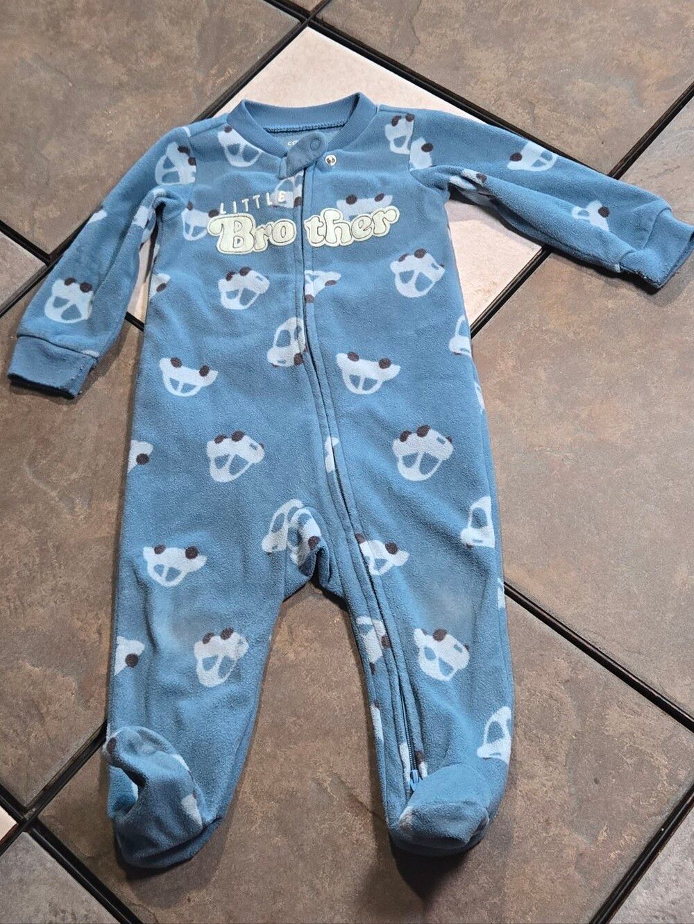 Carter's Little Brother Footed Pajamas 9M Blue Car Print Fleece Zip Sleeper Baby